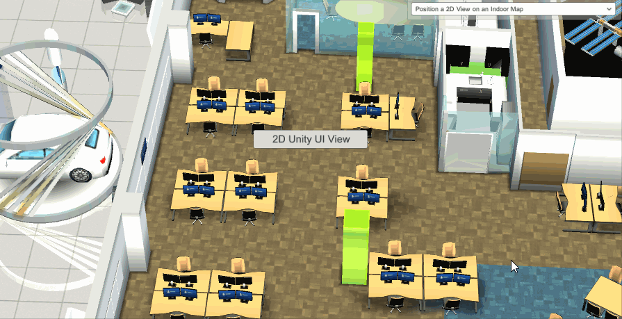 Place a 2D View on the screen, using the projected position of a Positioner placed on an Indoor Map. This works in both Unity and ECEF coordinate systems.